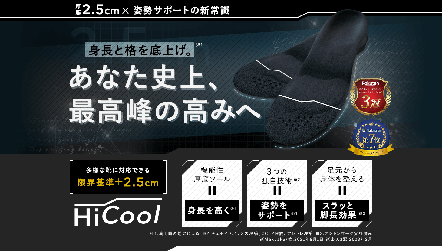 HiCool　身長と格を底上げ。※あなた史上、最高峰の高みへ 多様な靴に対応できる限界基準+2.5cm