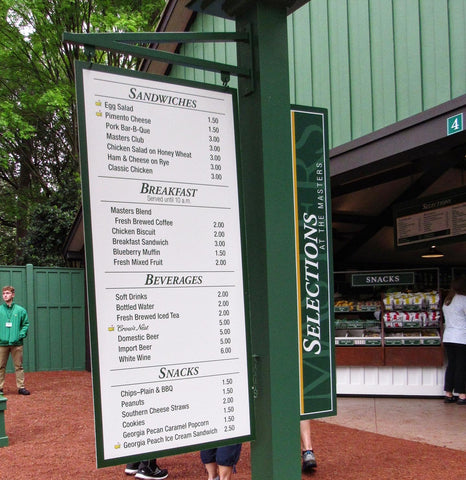 Food menu at Augusta National Golf Course for southern hospitality