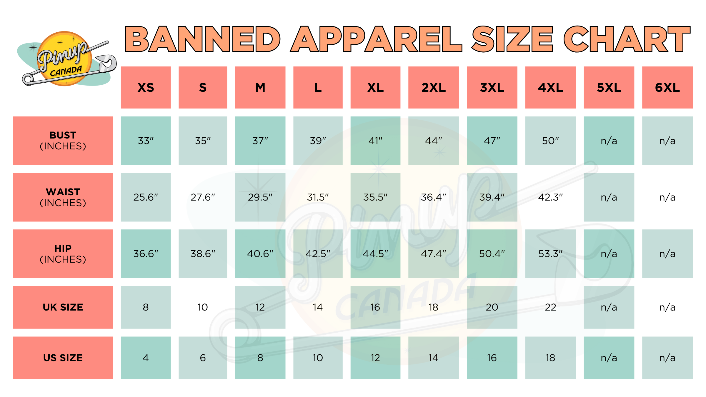 Banned Apparel Size Chart