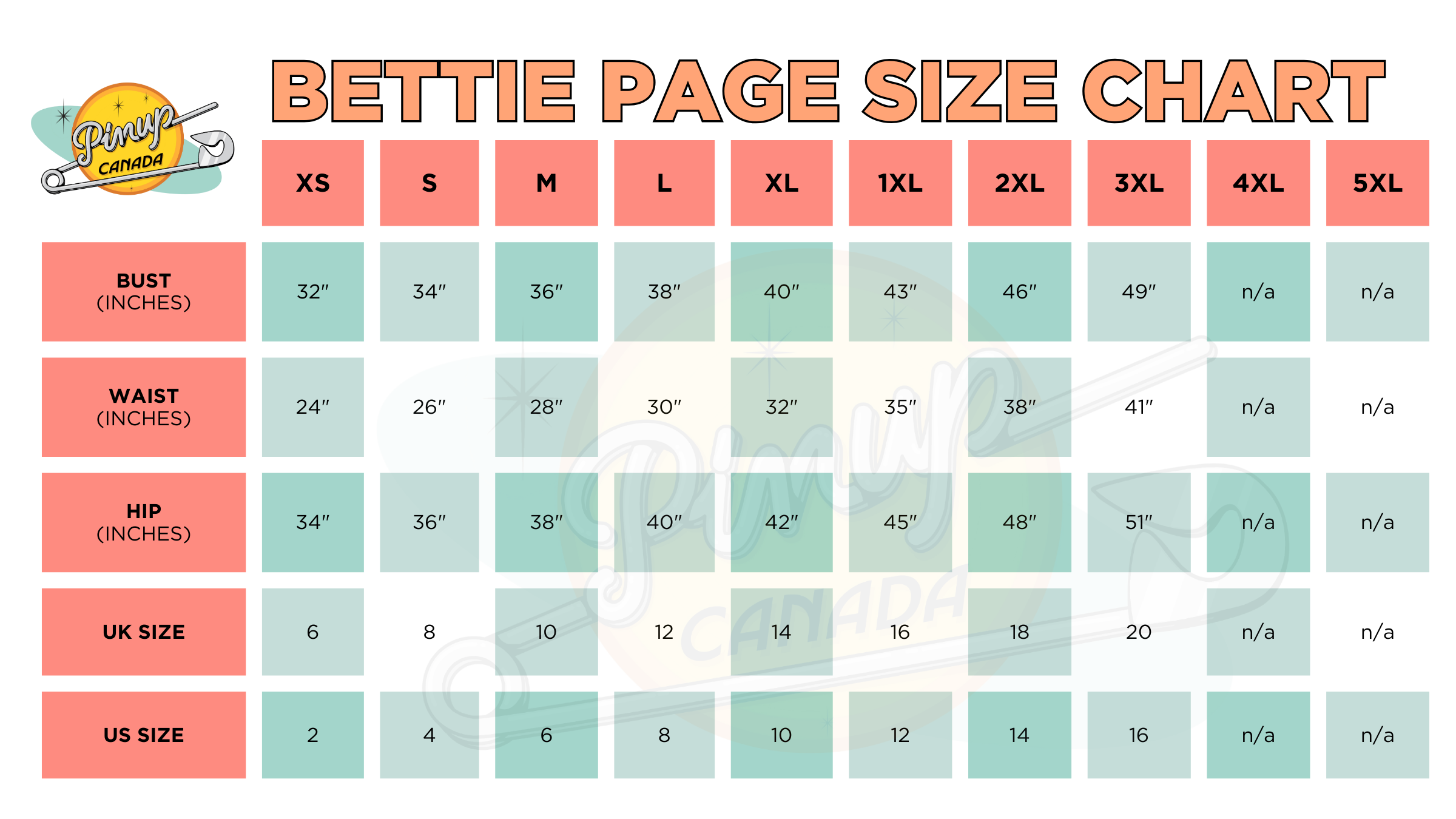 Bettie Page Size Chart