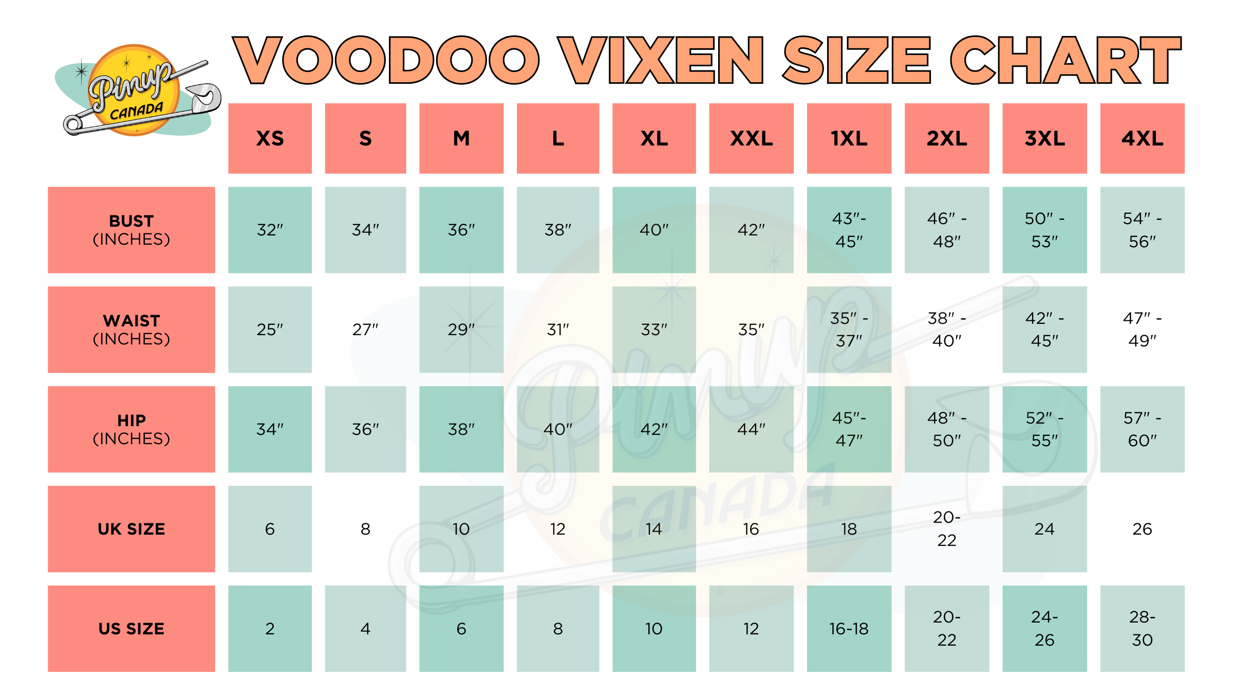 Voodoo Vixen Size Chart