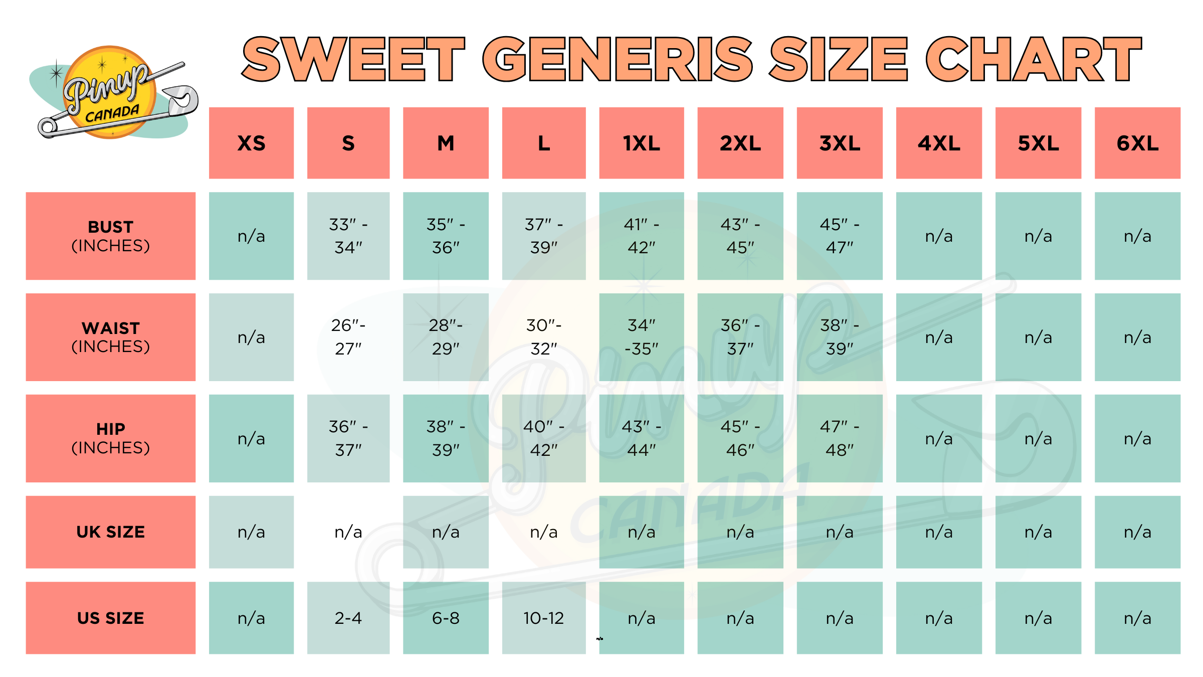 sweet generis size chart