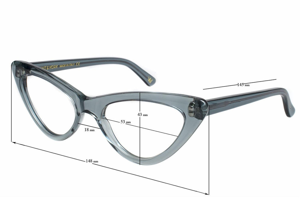 Luna Cat Eye Glasses in Denim Blue. How to measure your eyeglasses frames. Frames measurements.