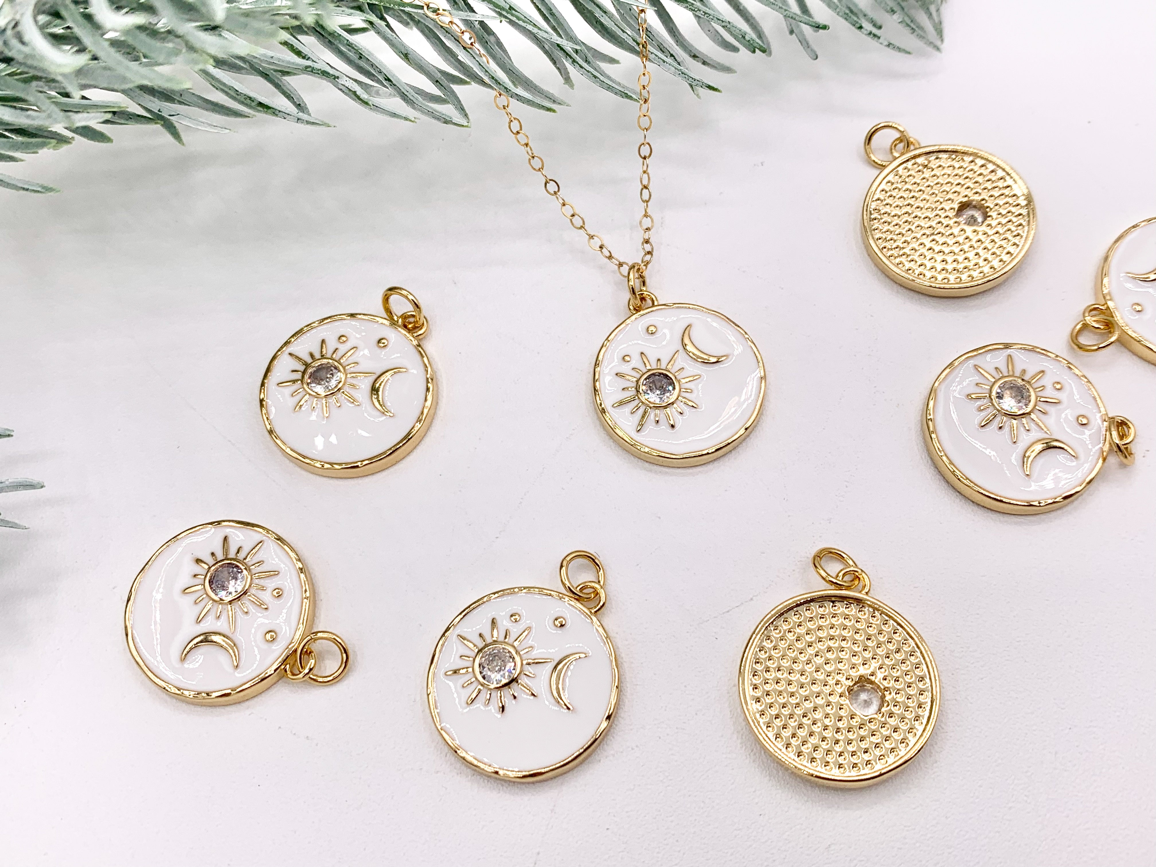 White Enamel Coin CZ Sunburst and Moon Crescent Charms in Real Gold 18K Plated CZ Pave Over Brass 8 PCS