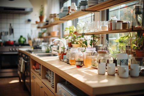 Open kitchen floating shelves hold odds and ends in a light-filled kitchen