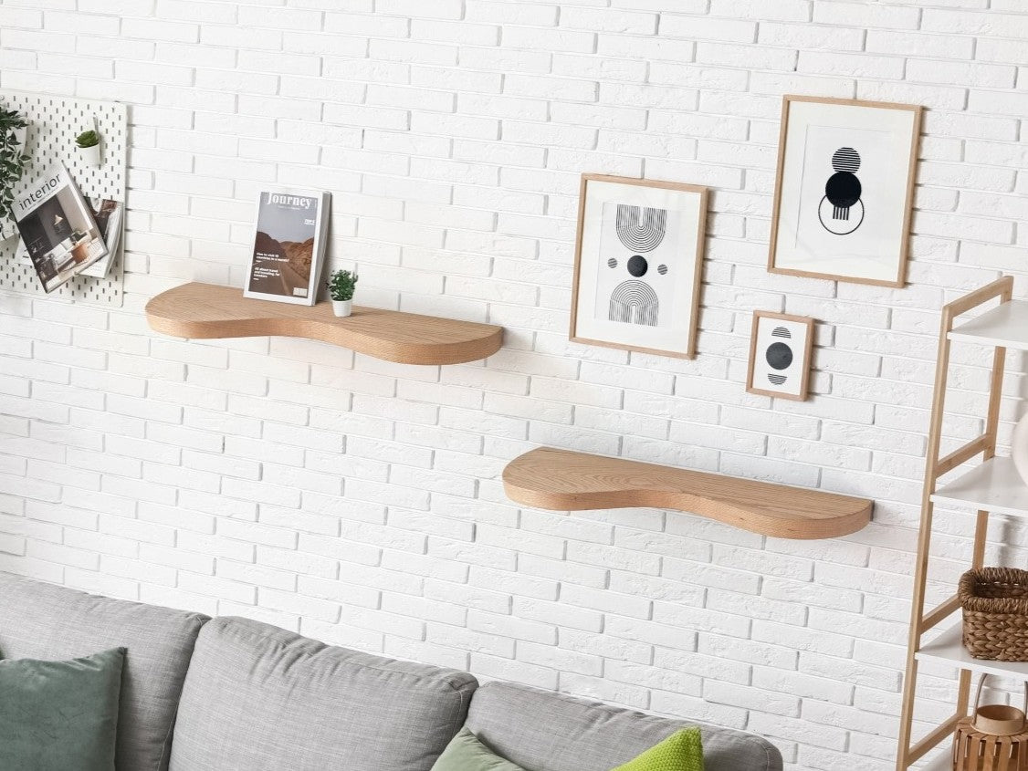 Double Curve Thick Oak Floating Shelf