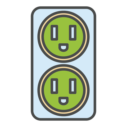 A drawing of an electric outlet in green, blue, and yellow colors