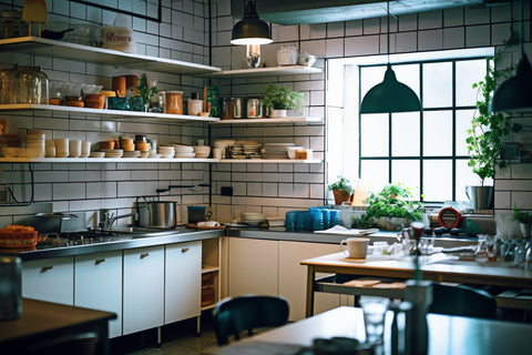 A kitchen with a series of corner shelves that hold various pantry items and plates