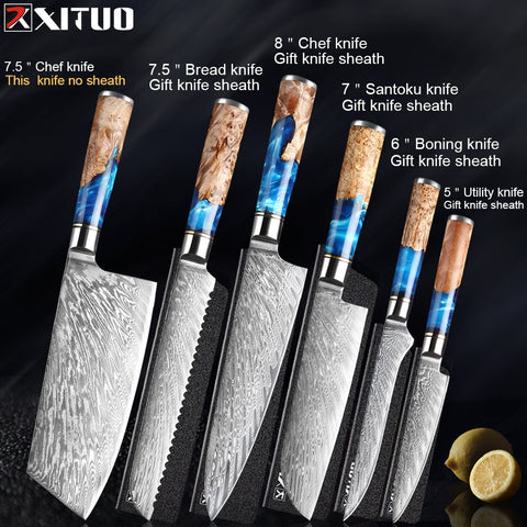 XITUO Kitchen Knives-Set Damascus Steel Chef Knife Cleaver Paring Utility Bread Knife Cooking Tool Blue Resin Handle 1-6Pcs/Set baby magazin