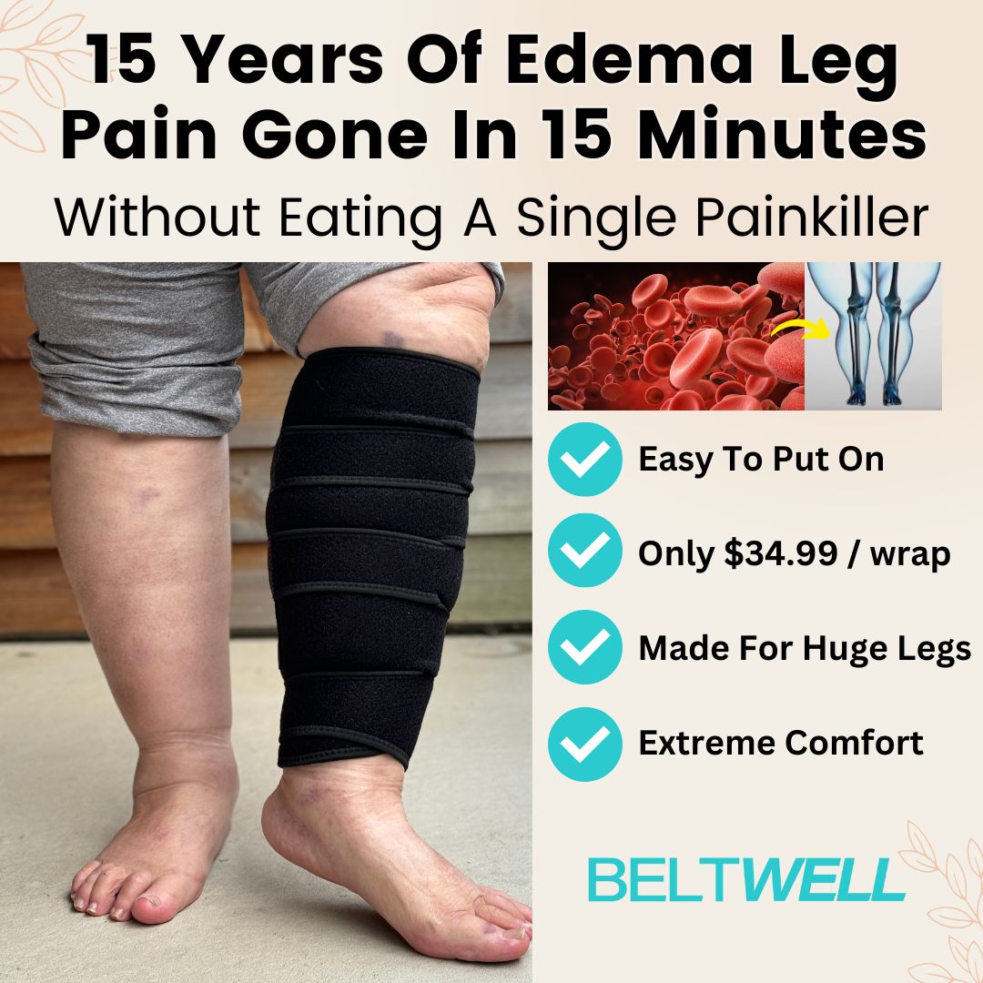 Beltwell edema leg wrap advertisement highlighting ease of use, comfort, and affordability.