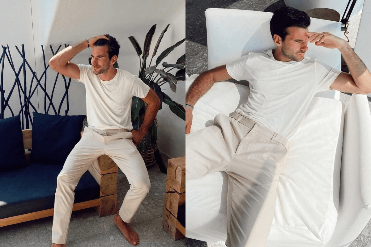 Men's Summer Look: Beige Jacket, Grey Jumper, White T-Shirt and