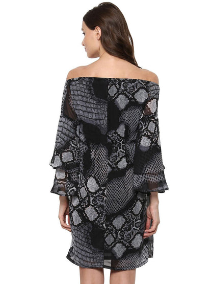Off-Shoulder Snake Printed Dress - Znxclothing