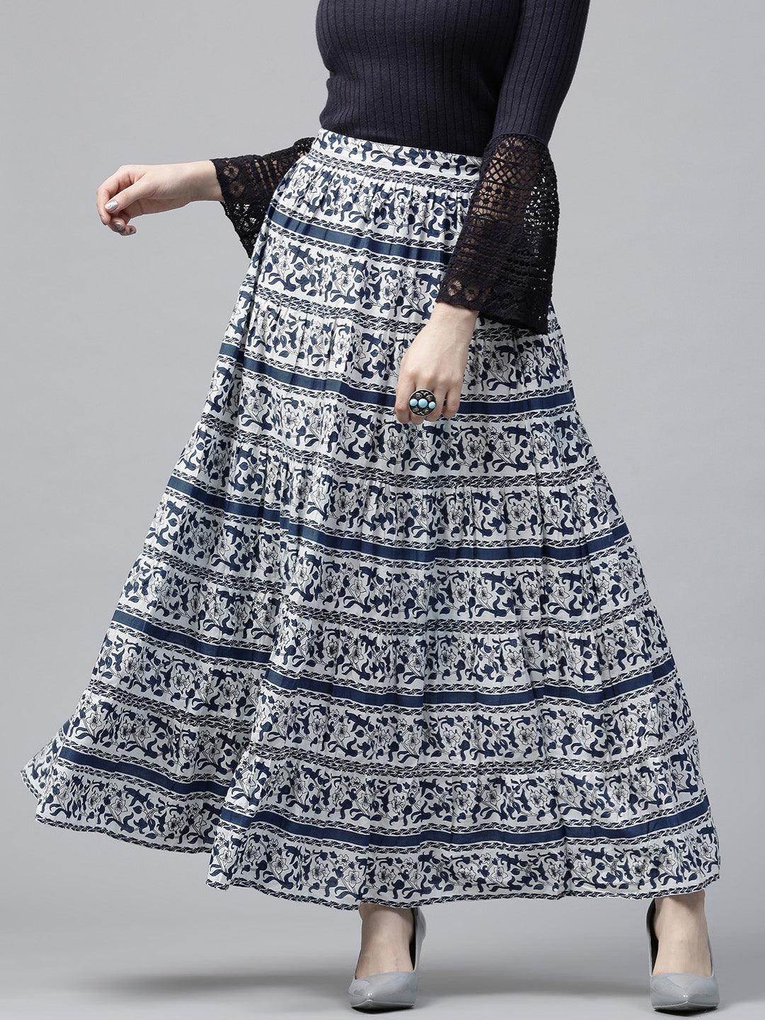 Navy Blue &amp; White Printed Tiered Skirt - Znxclothing