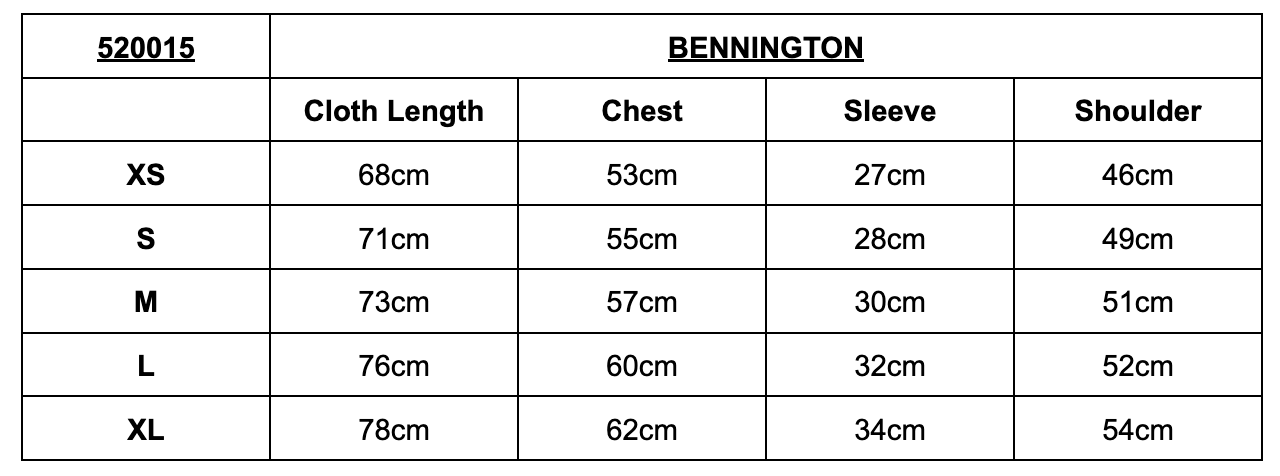 Size Chart - Bennington