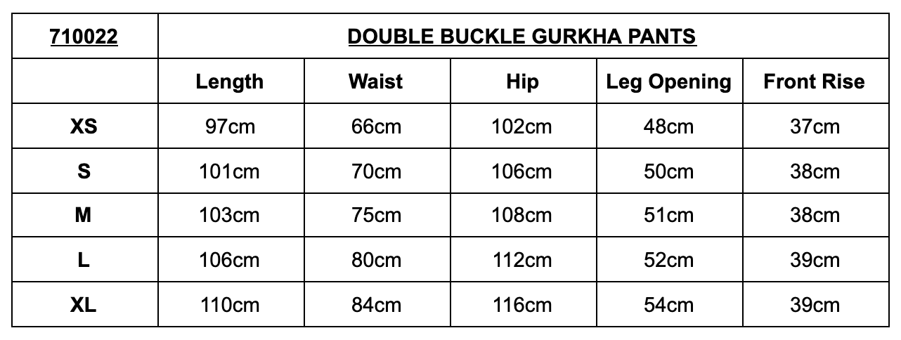 Size Chart - Double Buckle Gurkha Pants