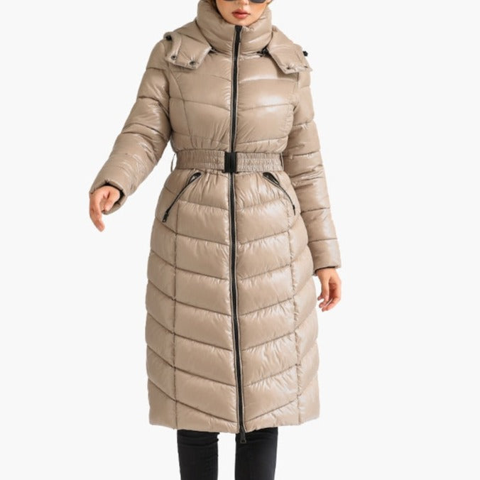 Lucinda - Beige Fitted Long Hooded Puffer Coat – Model Mannequin