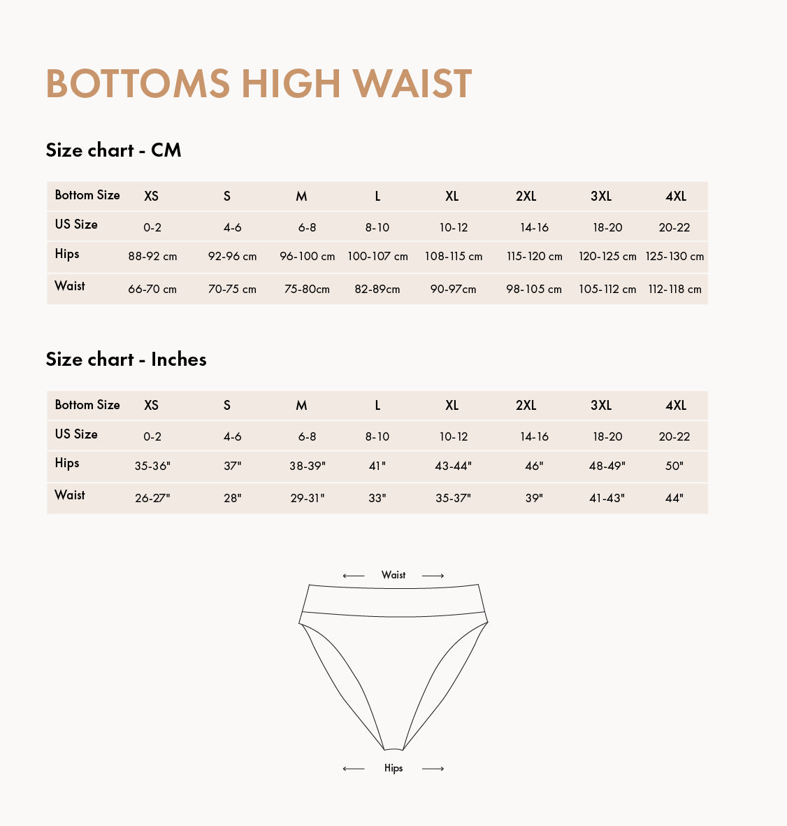 Biliblond high waist bottoms size chart