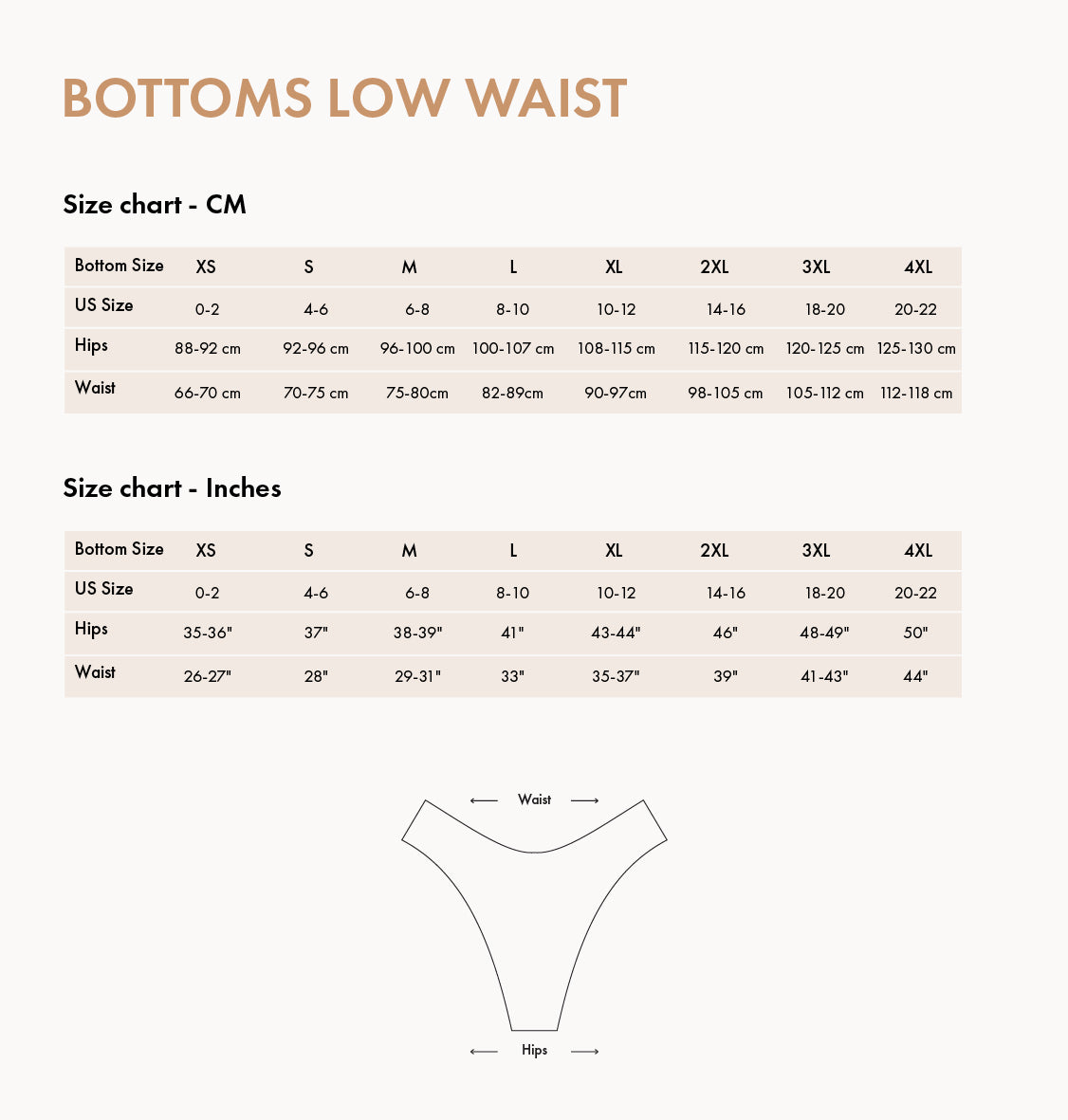 Biliblond low waist bottoms size chart