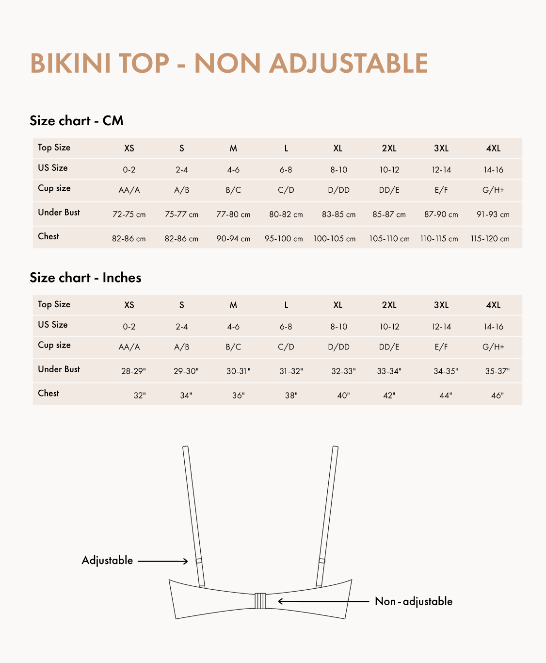 Biliblond non-adjustable top size chart
