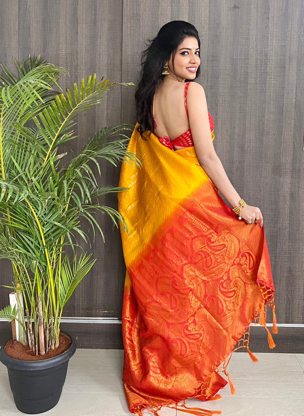 Tango Orange and Blue Zari Woven Kanjivaram Saree – MySilkLove