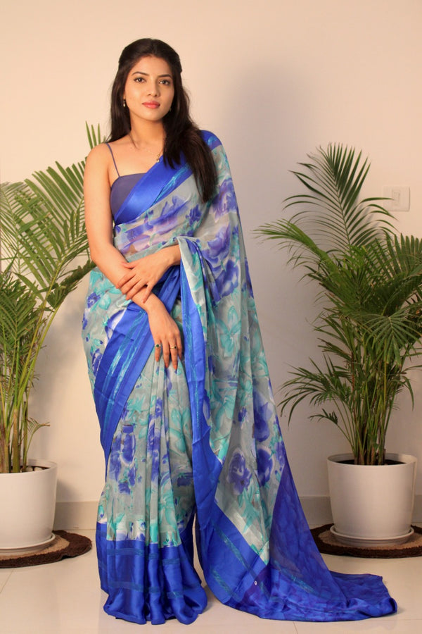 Buy Jaanvi Fashion Designer Skyblue Faux Georgette Flowers Saree Online at  Low Prices in India 