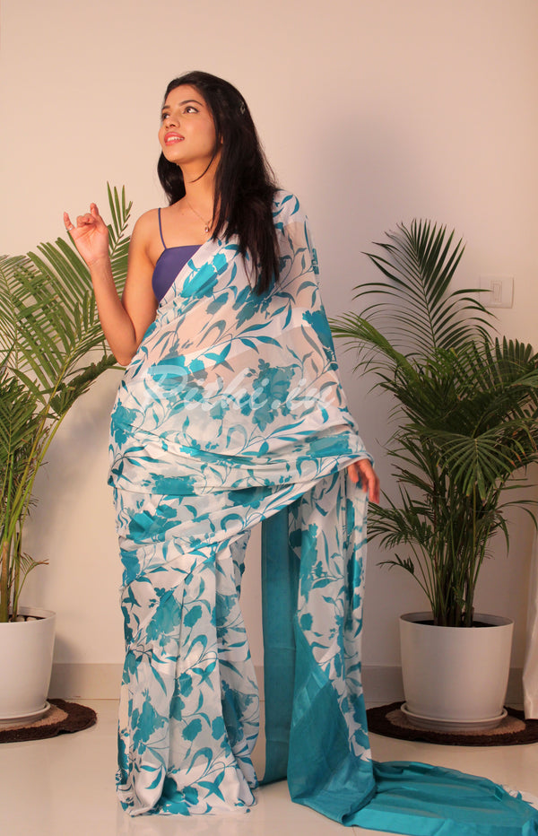 Light Aqua Blue Floral Print Raw Silk Saree