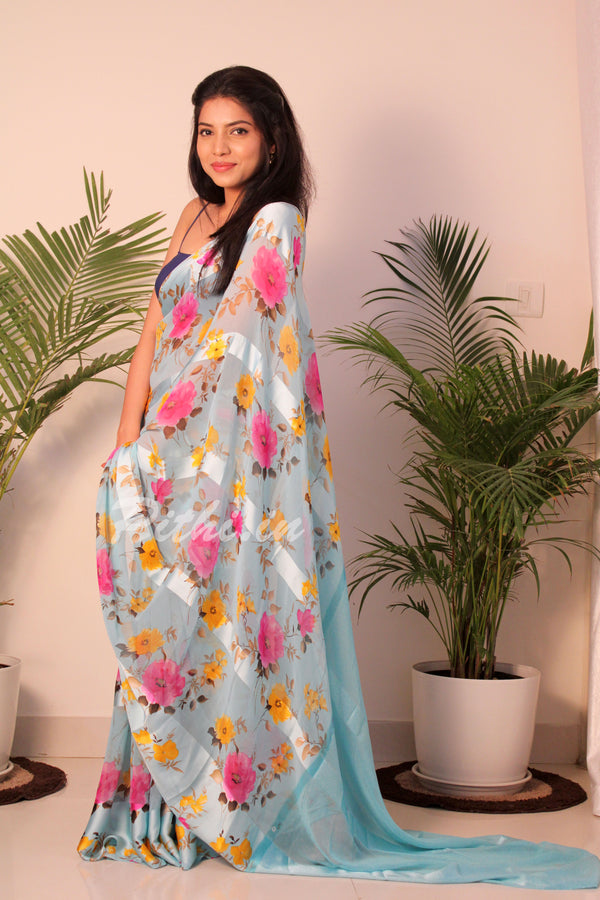 Buy Jaanvi Fashion Designer Skyblue Faux Georgette Flowers Saree Online at  Low Prices in India 