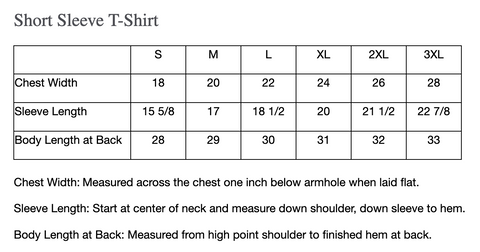 Size Chart - Adult 8000 Short Sleeve Shirt