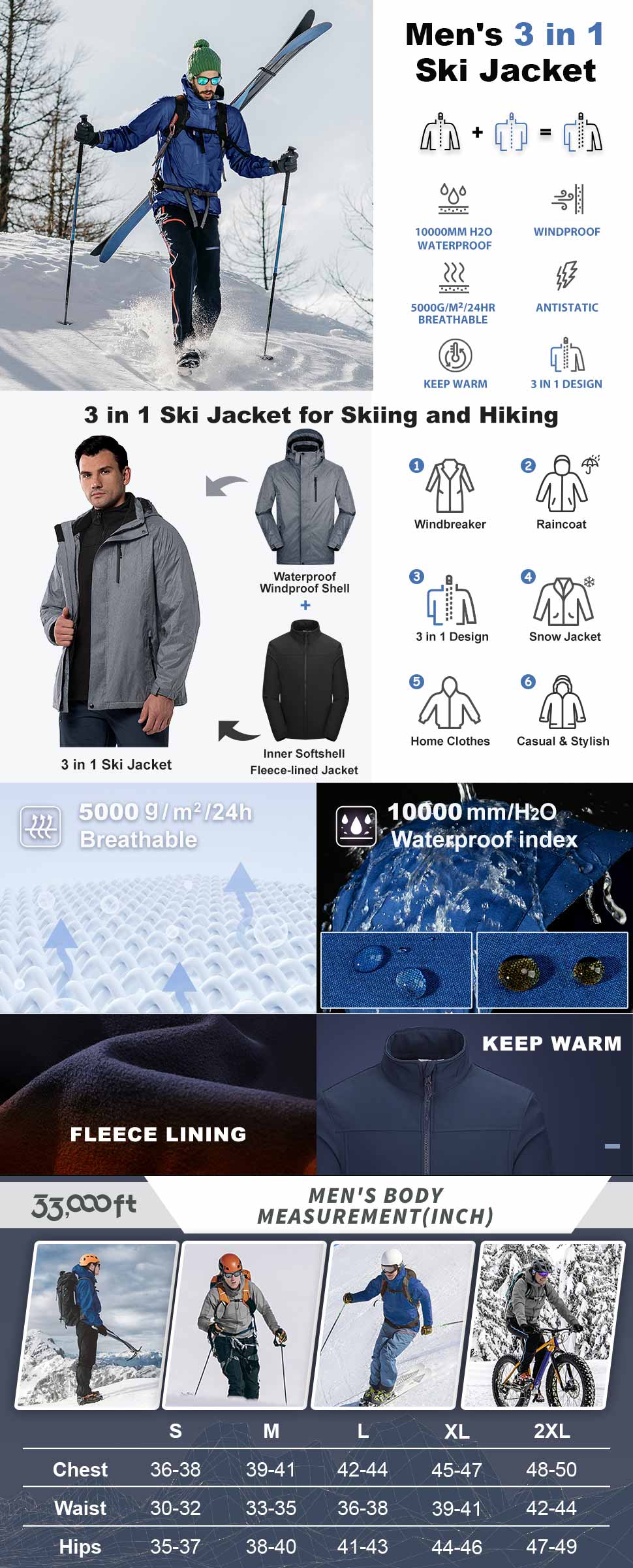 33,000ft Men's Waterproof Jacket Insulated Warm 3-in-1 Ski Snow Winter Coat Windproof Softshell Fleece Raincoat
