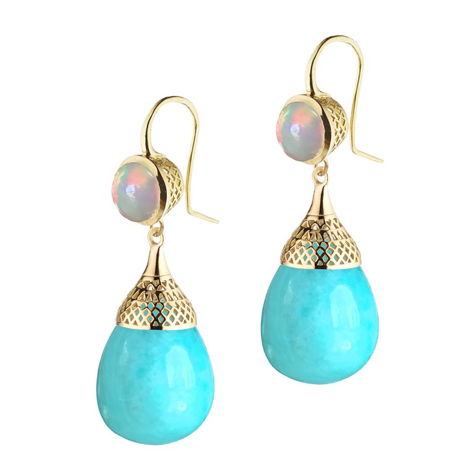 These sumptuous opal earrings by Ray Griffiths swing with heavenly blue Amazonite pendants