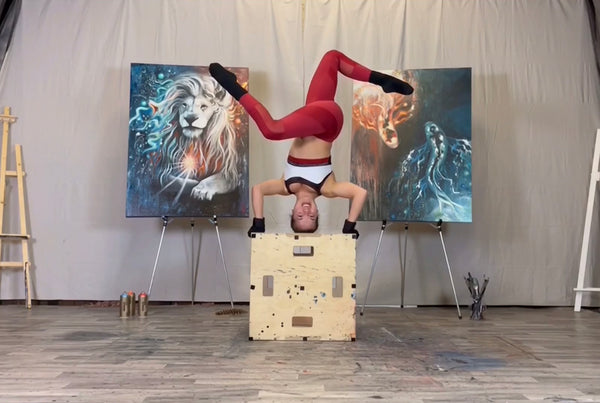 @bri_fitzpatrick , multidisciplinary artist, Briana Fitzpatrick, artist who paints with her feet, contortion artist, archery artist, barn studio, artist studio, artist in studio