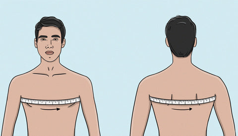 Drawing of how to measure the chest/bust size. This is over the fullest part of the chest, under the arm pits and around the back.