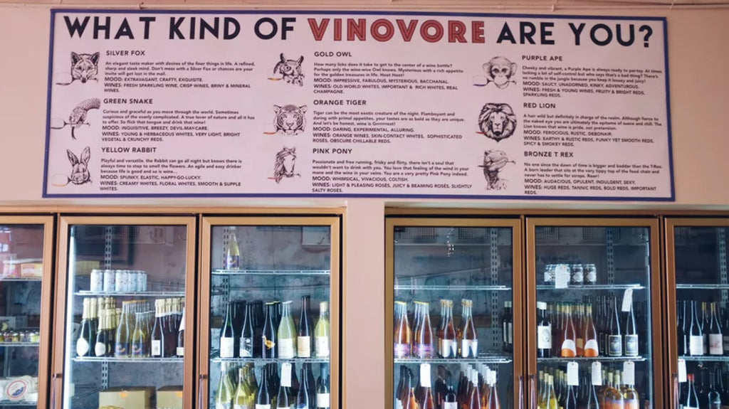 Photo of Vinovore's wine menu of animals, above their cold cases