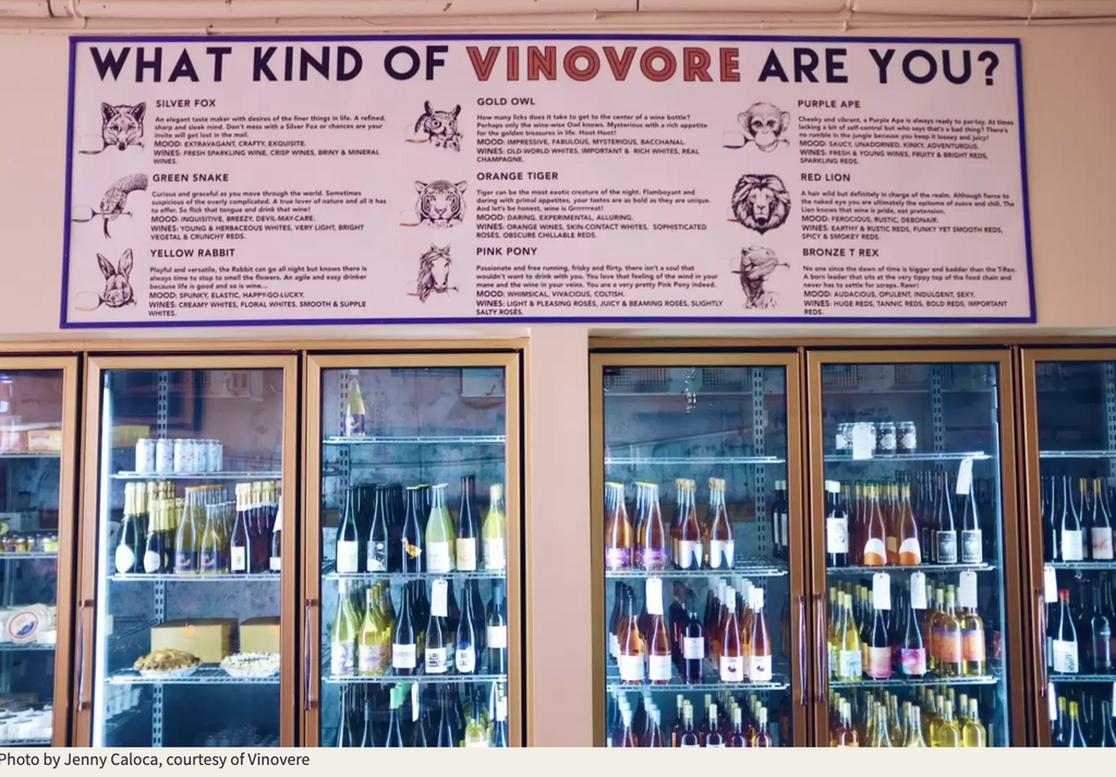 Vinovore's wine chart above a wall of cold cases filled with wine and goods