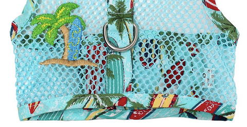 Cool Mesh Dog Harness - Surfboards and Palms closeup