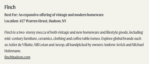 Write up on FINCH - found in 'The best shops in Hudson'