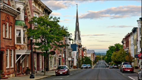 Hudson New York empty street with shops | Condé Nast Traveler | A Weekend Guide to Hudson, New York