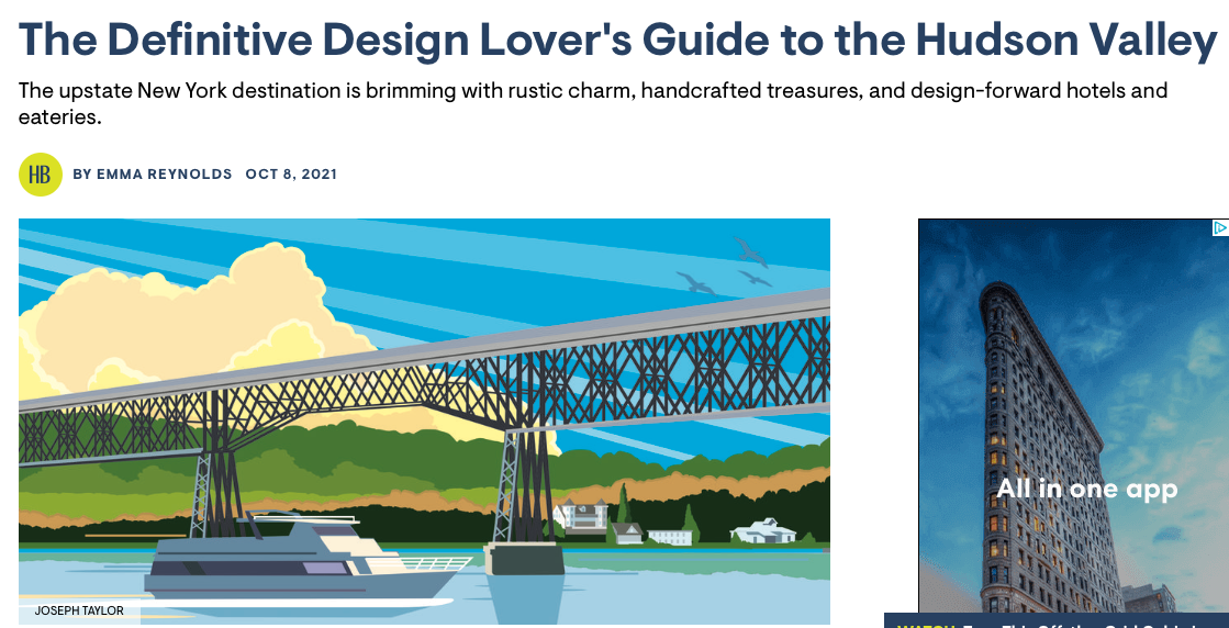 House Beautiful | The Definitive Design Lover's Guide to the Hudson Valley featuring FINCH hudson excerpt with headline and illustration