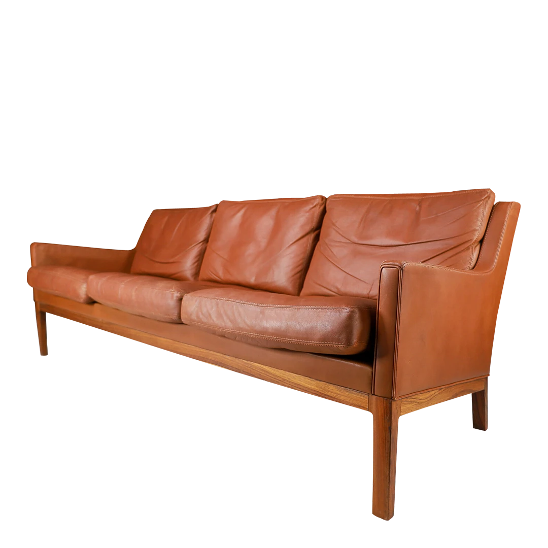 1960s Kai Lyngfeldt-Larsen : cognac leather 3-seat sofa Denmark