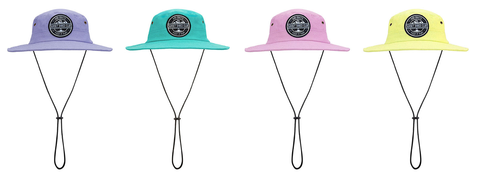 This image shows four bro! cotton canvas boonie hats. Pictured from left to right the colours are lavender, aqua, faded pink, and yellow.