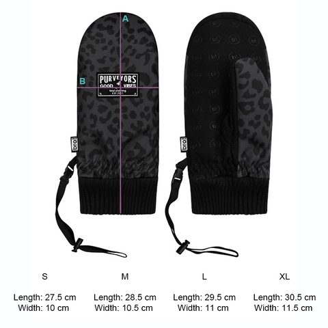 bro! mitten size guide, showing dimensions for sizes small, medium, large, and XL