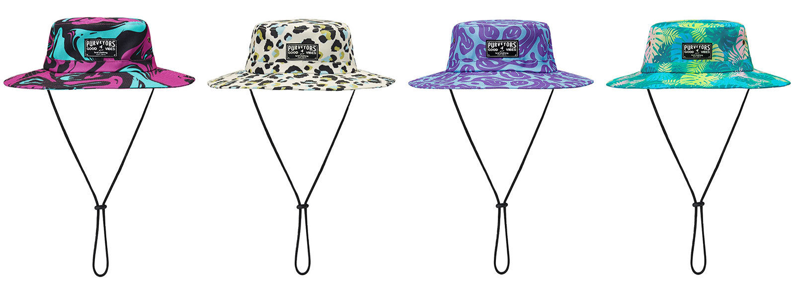 This image shows four bro! printed boonie hats in a row. The designs pictured from left to right are liquid marble print, safari leopard print, happy daze print and tropical print boonie hats. 