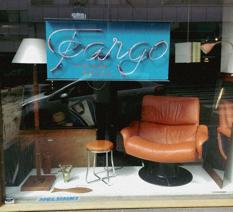 Fargo's light sign in the Fleminginkatu shop window