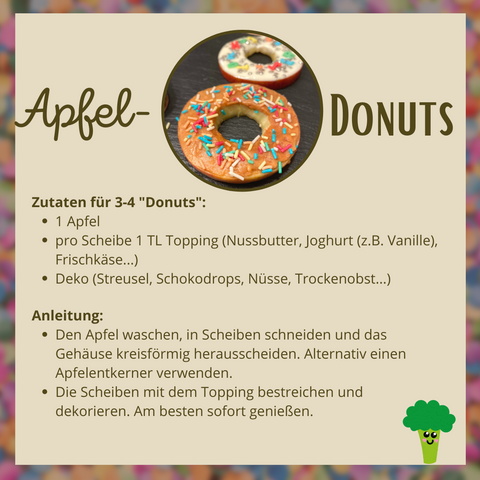 Recipe for apple donuts, apple rings are decorated like donuts with sprinkles and nut butter