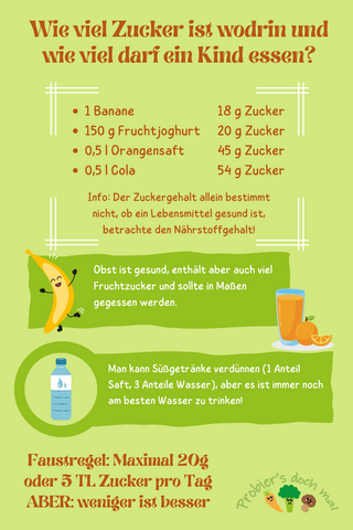 wie viel zucker darf mein kind essen, wie viel zucker ist in cola oder einer banane oder in verschiedenen lebensmitteln,