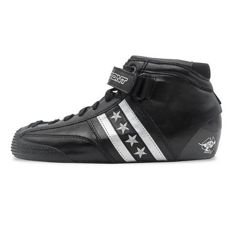 A mid-rise rollerskating boot. Black lace-up, with a velcro strap, extra padding around the ankle. There is a design on the side of the boot, two silver stripes on a diagonal. Between the stripes are 4 stars.