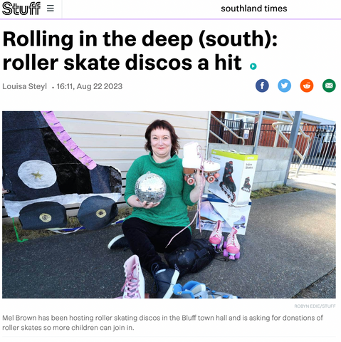 Screenshot of a Stuff/Southland Times article with accompanying photo. The headline reads: Rolling in the deep (south): roller skate discos a hit. The accompanying photo features a seated woman holding a disco ball, surrounded by roller skates.