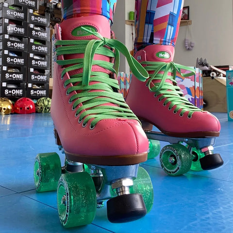 Moxi Beach Bunny roller skates in pink lemonade color used as an example of a good beginner roller skate.