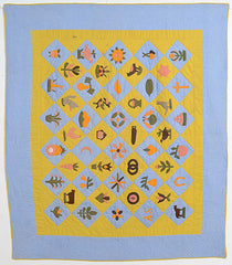 Blue and yellow antique "Folky Sampler Quilt: Dated 1893; Pennsylvania".