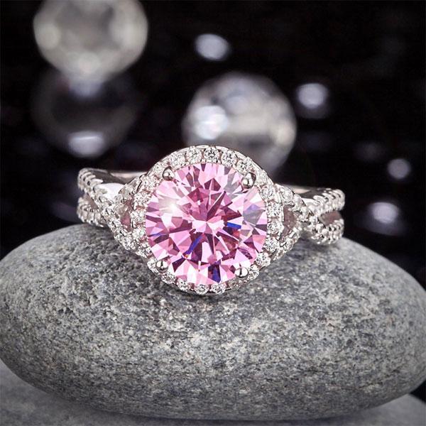 Pink Diamond Ring, 3 Stone Style Engagement Ring, 3 Carats Cushion Cut Fancy Pink Diamond Simulant Ring, Pastel Pink Diamond Solitaire Ring